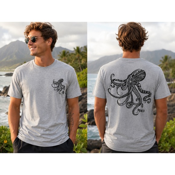 808 Clothing Co. Other - 808 Clothing Co Maui Hawaii Octopus Tribal Graphic Tee Mens Large Heather Grey